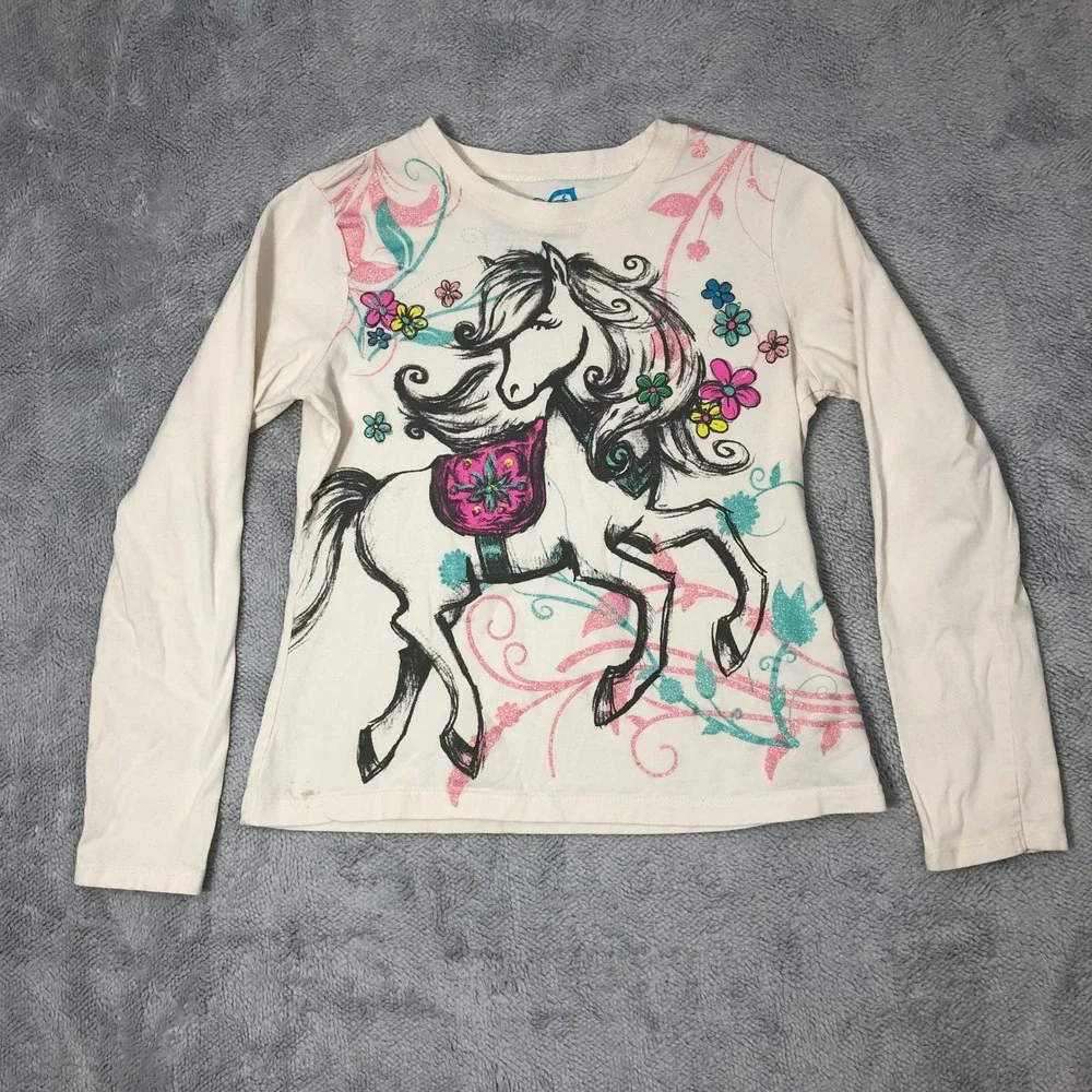 The‎ Children's Place Horse Graphic Tee Girls L 10/12 Cream Glitter Floral L/S